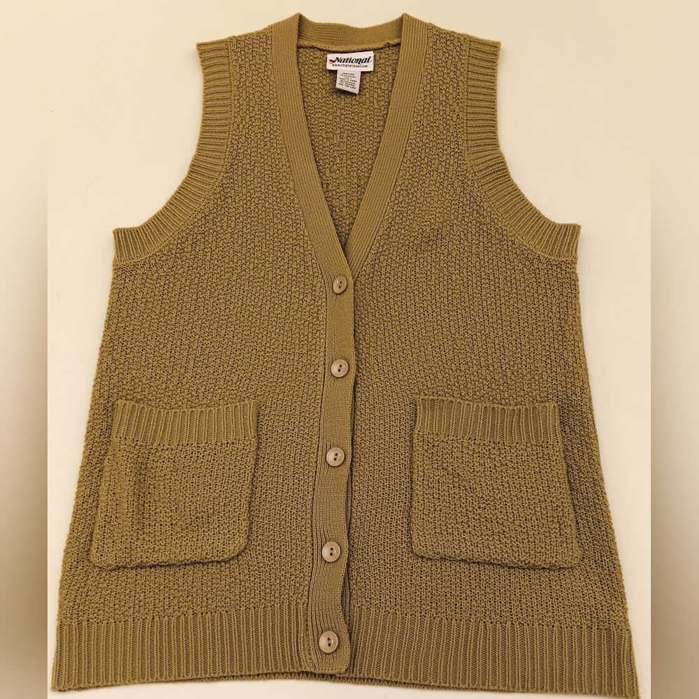 Vintage 90s neutral button-up sweater vest W slouch pockets. Small. National.